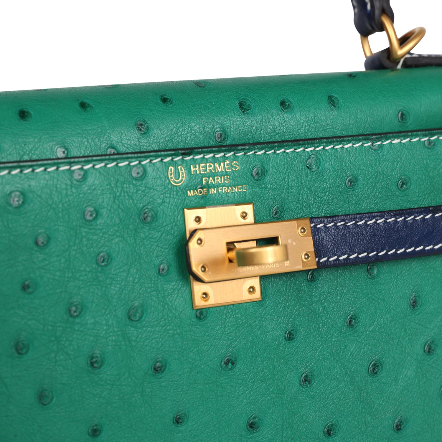 Hermes Kelly Sellier 25 Vert Vertigo and Bleu Iris Ostrich Brushed Gold Hardware - Exclusu