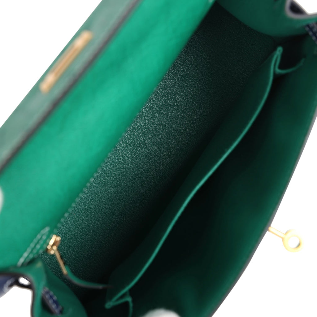 Hermes Kelly Sellier 25 Vert Vertigo and Bleu Iris Ostrich Brushed Gold Hardware - Exclusu