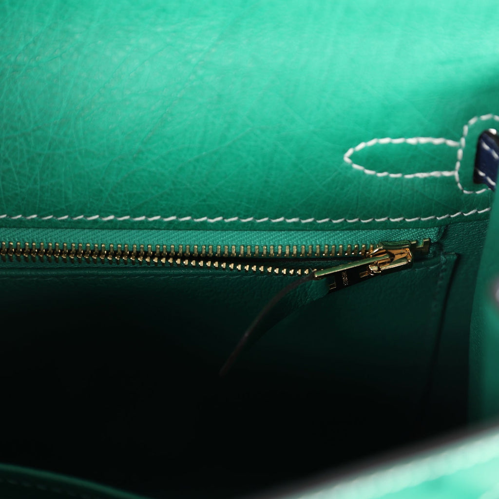 Hermes Kelly Sellier 25 Vert Vertigo and Bleu Iris Ostrich Brushed Gold Hardware - Exclusu