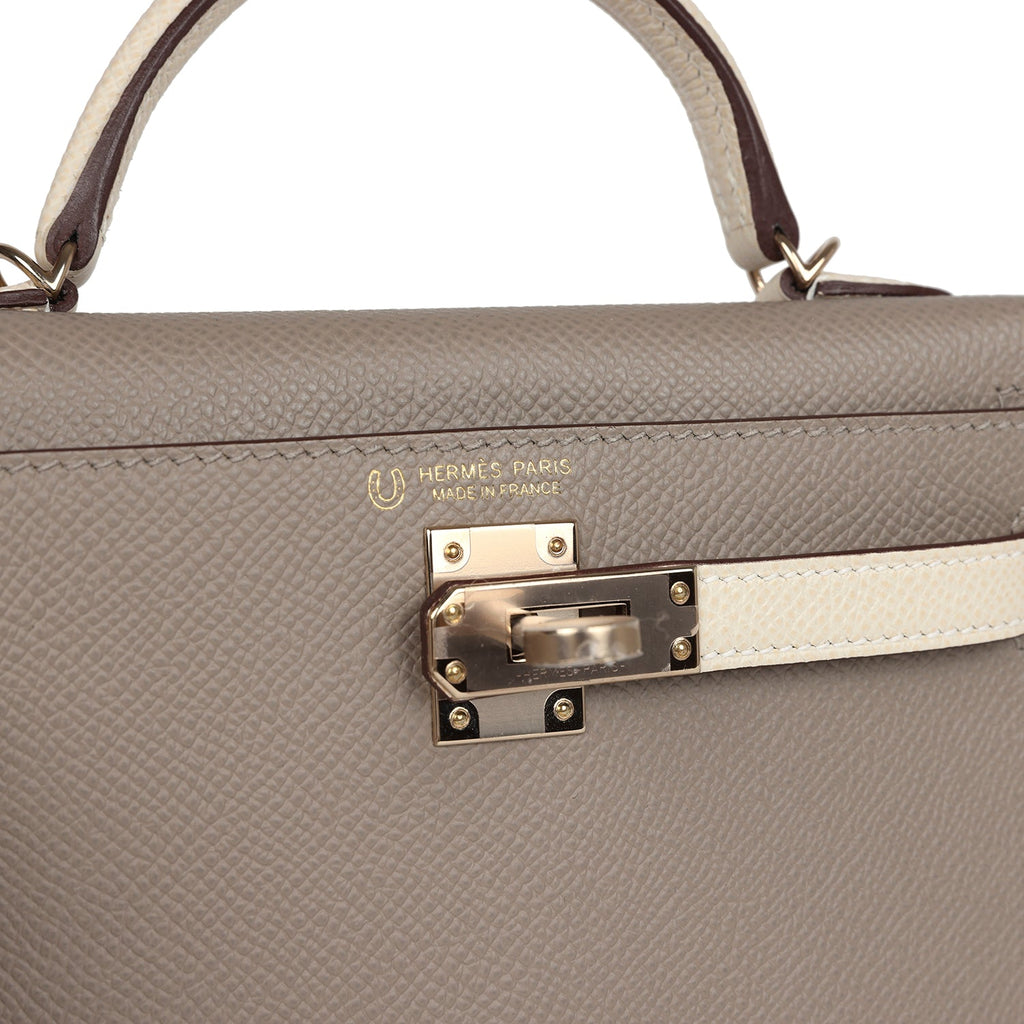 Hermes Kelly Sellier 20 Craie and Gris Asphalte Epsom Permabrass Hardware - Exclusu