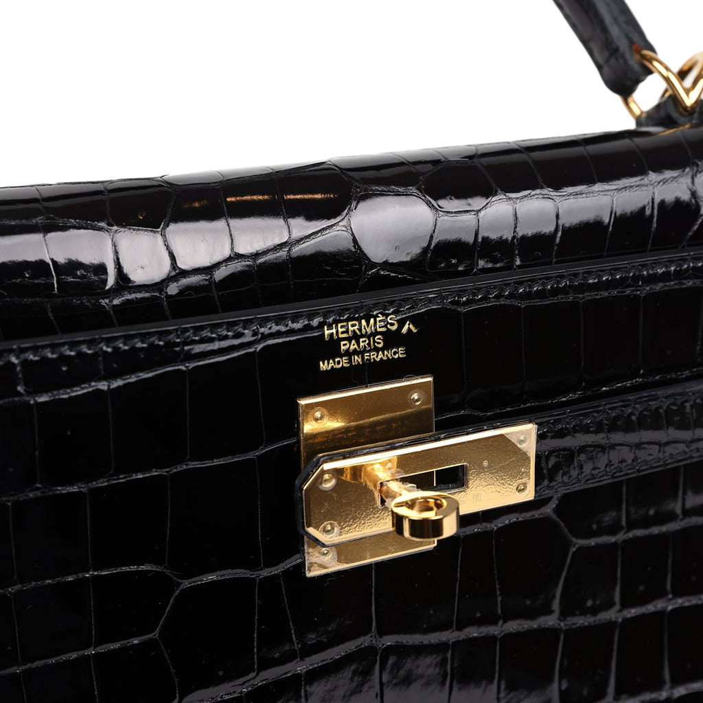 Hermes Kelly Sellier 32 Black Shiny Porosus Crocodile Gold Hardware - Exclusu