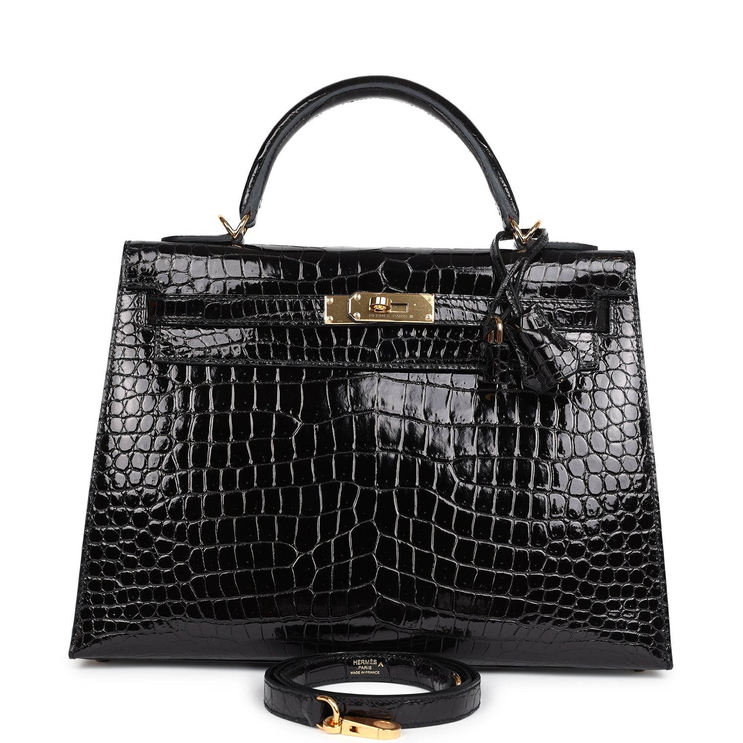 Hermes Kelly Sellier 32 Black Shiny Porosus Crocodile Gold Hardware - Exclusu