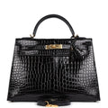 Hermes Kelly Sellier 32 Black Shiny Porosus Crocodile Gold Hardware - Exclusu
