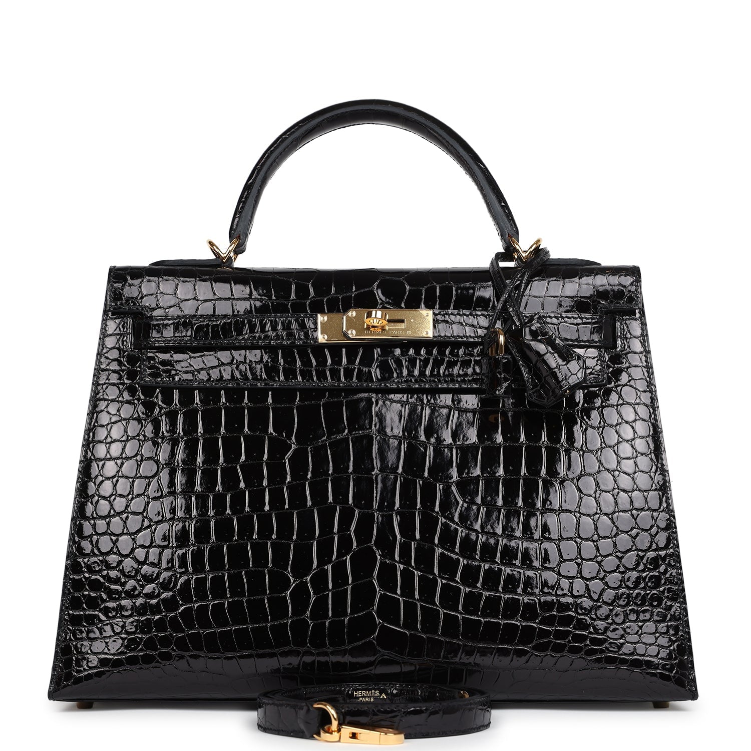 Hermes Kelly Sellier 32 Black Shiny Porosus Crocodile Gold Hardware - Exclusu