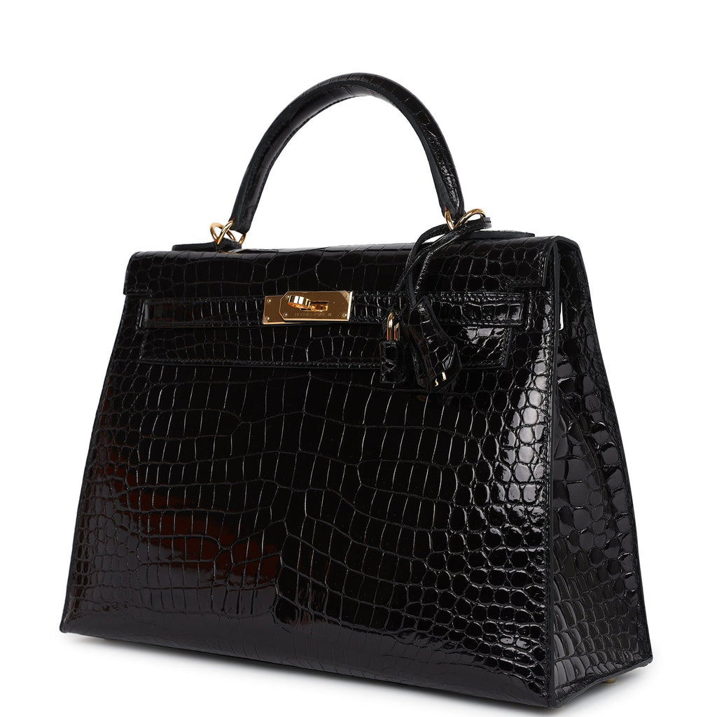 Hermes Kelly Sellier 32 Black Shiny Porosus Crocodile Gold Hardware - Exclusu