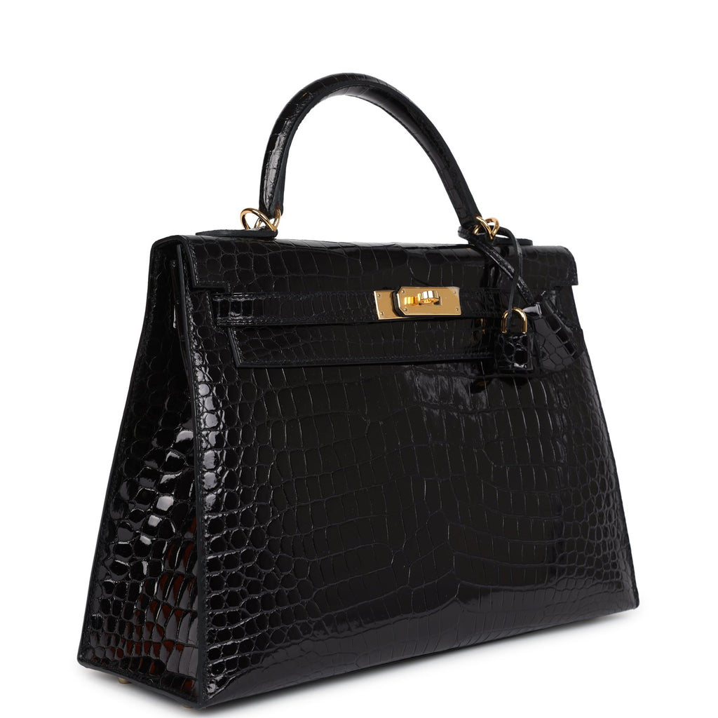 Hermes Kelly Sellier 32 Black Shiny Porosus Crocodile Gold Hardware - Exclusu