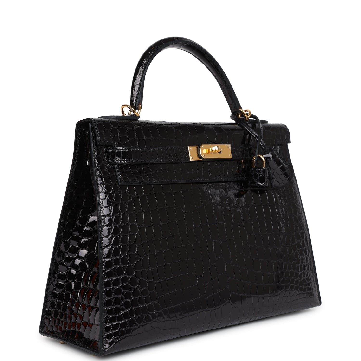 Hermes Kelly Sellier 32 Black Shiny Porosus Crocodile Gold Hardware - Exclusu