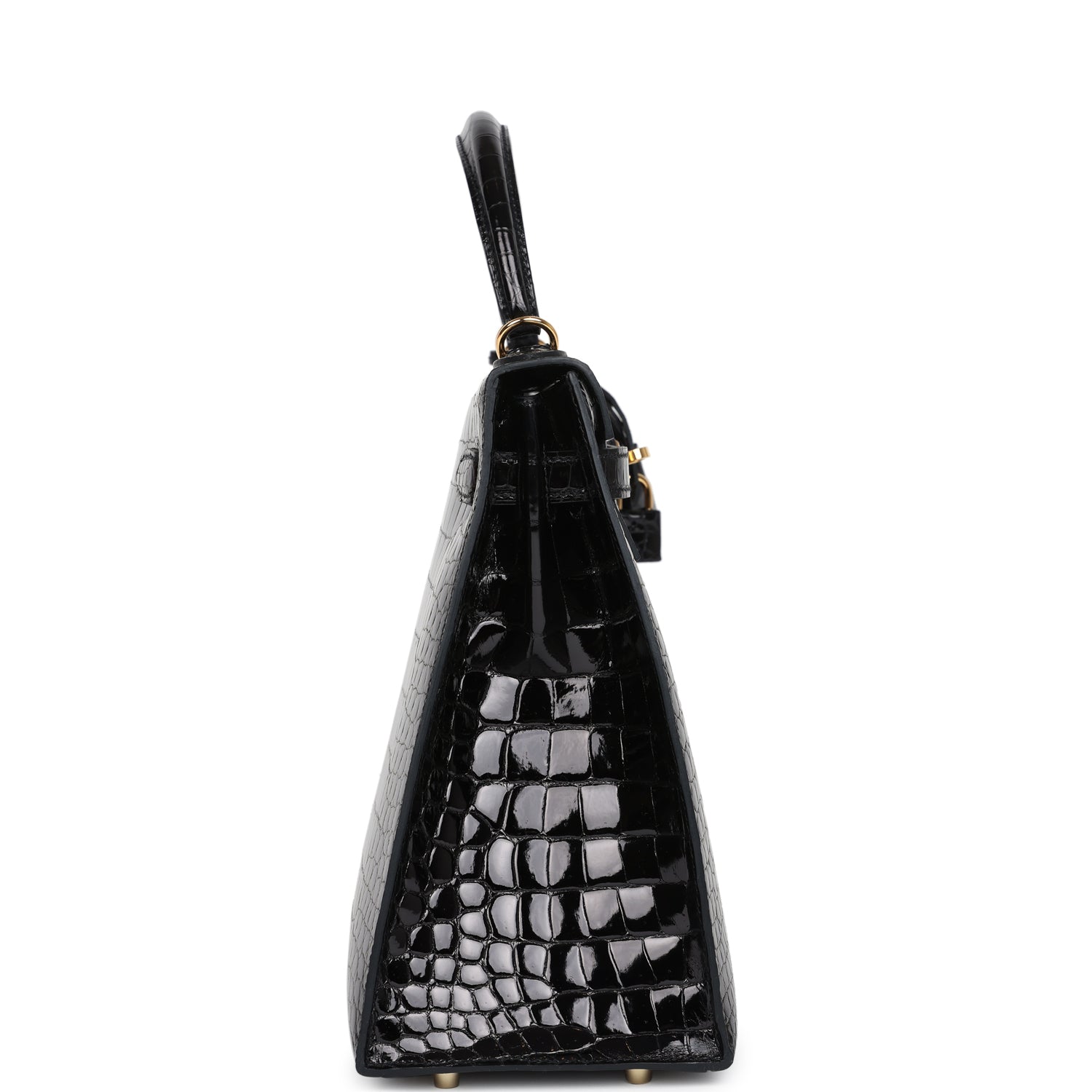Hermes Kelly Sellier 32 Black Shiny Porosus Crocodile Gold Hardware - Exclusu