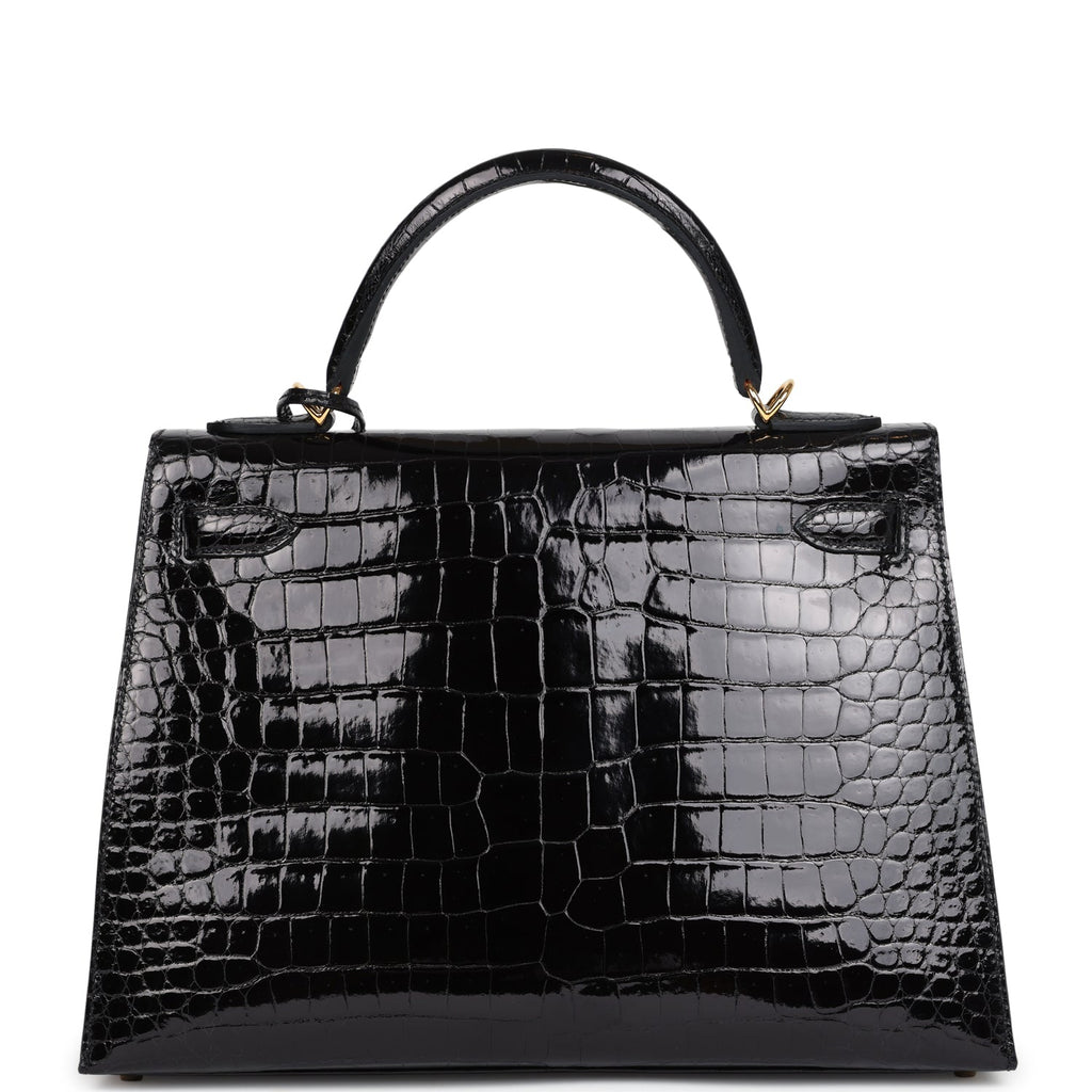 Hermes Kelly Sellier 32 Black Shiny Porosus Crocodile Gold Hardware - Exclusu