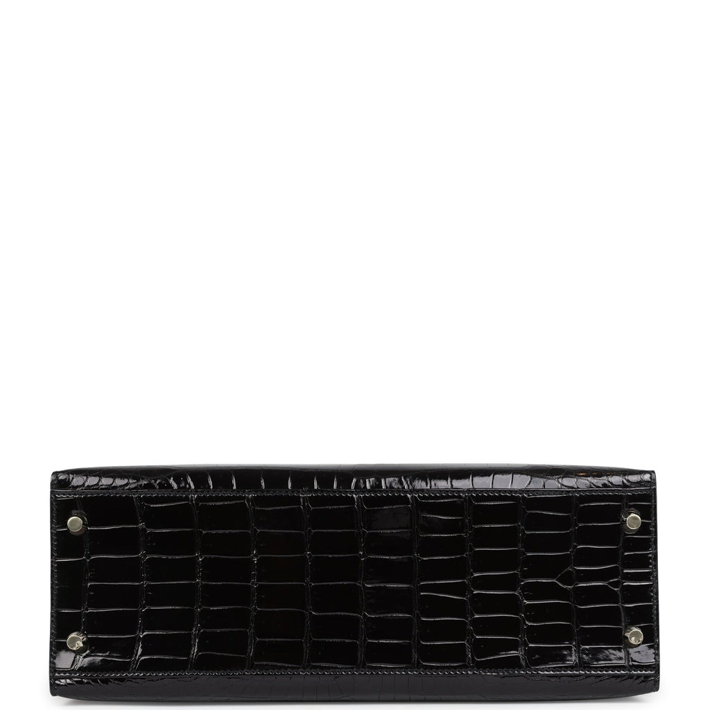 Hermes Kelly Sellier 32 Black Shiny Porosus Crocodile Gold Hardware - Exclusu