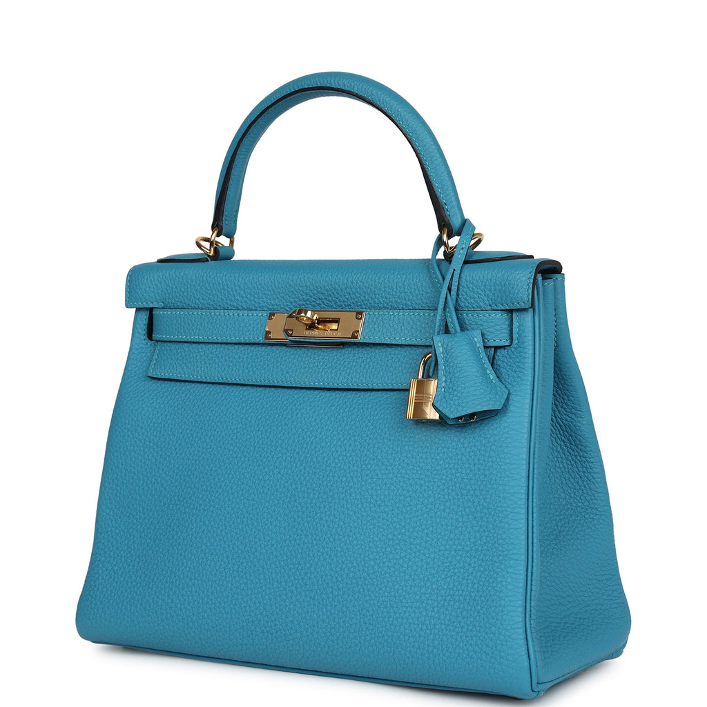 Hermes Kelly Retourne 28 Turquoise Togo Gold Hardware - Exclusu