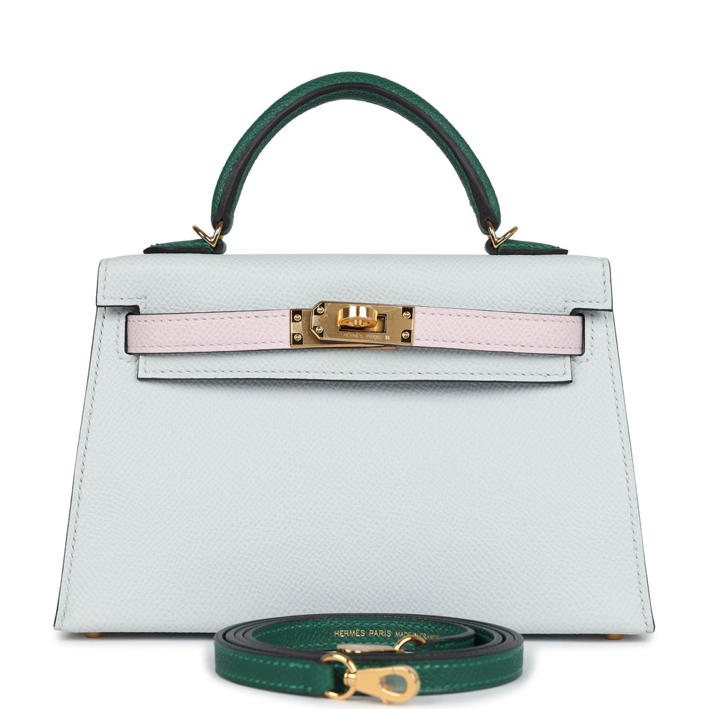 Hermes Kelly Sellier 20 Tri-color Gris Platine, Mauve Pale and Vert Moyen Epsom Gold Hardware - Exclusu