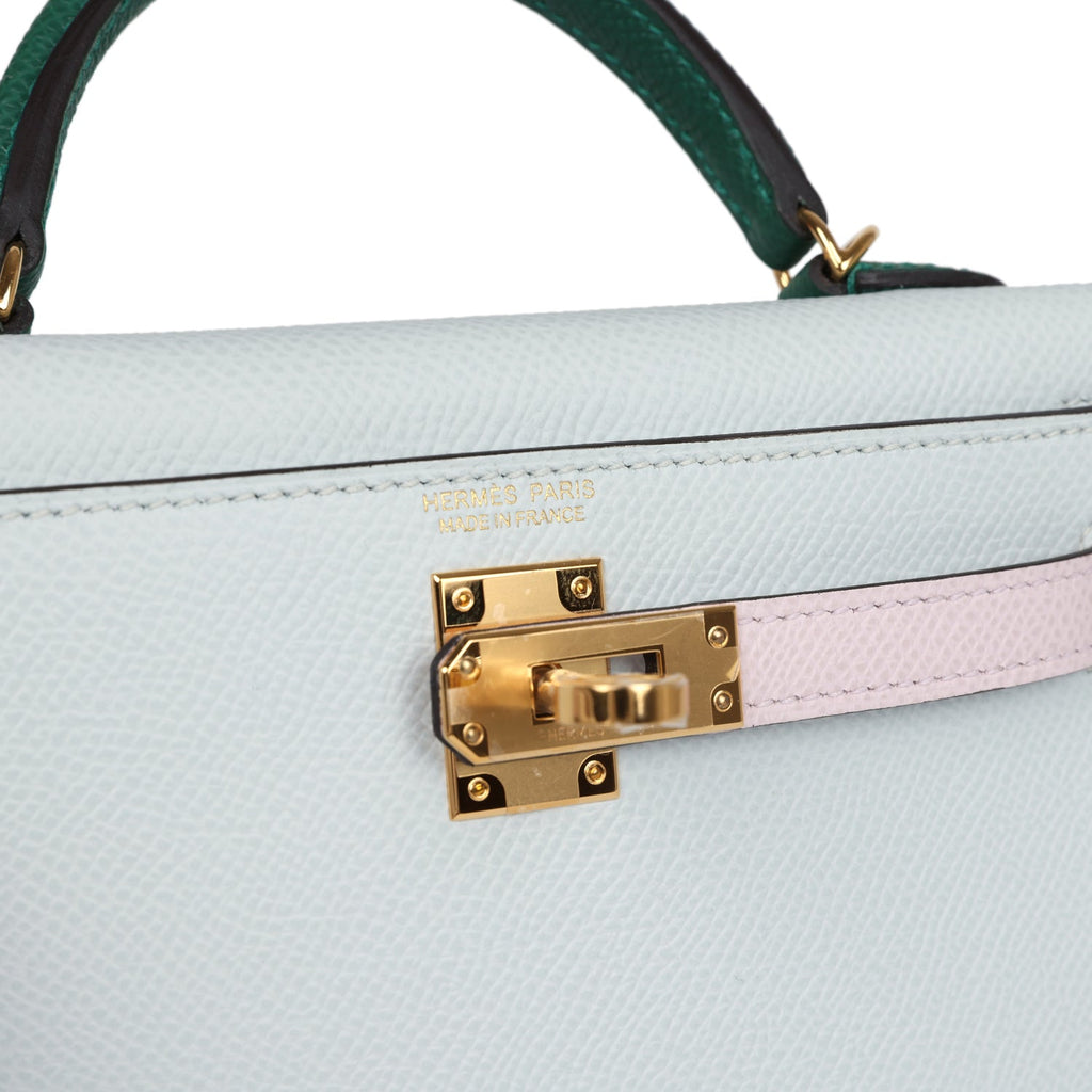 Hermes Kelly Sellier 20 Tri-color Gris Platine, Mauve Pale and Vert Moyen Epsom Gold Hardware - Exclusu