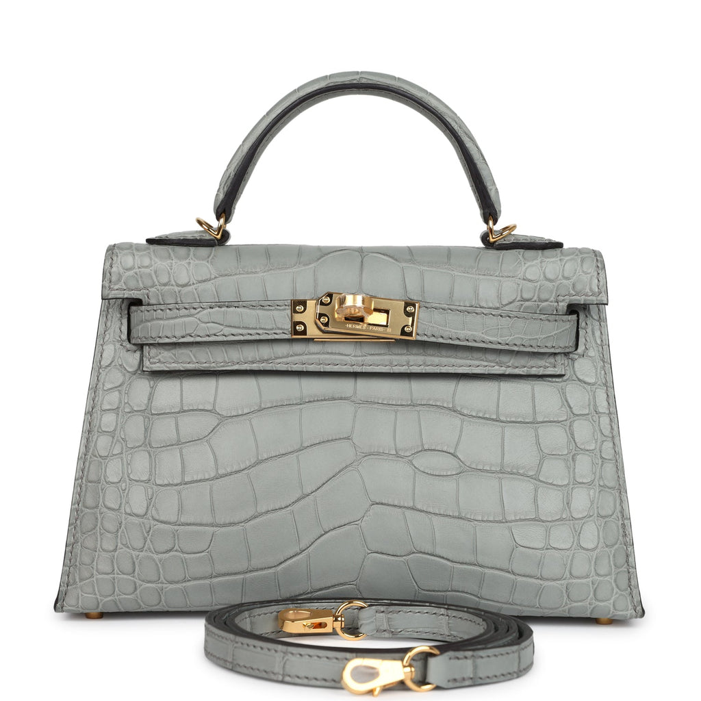 Hermes Kelly Sellier 20 Gris Ciment Matte Alligator Gold Hardware - Exclusu