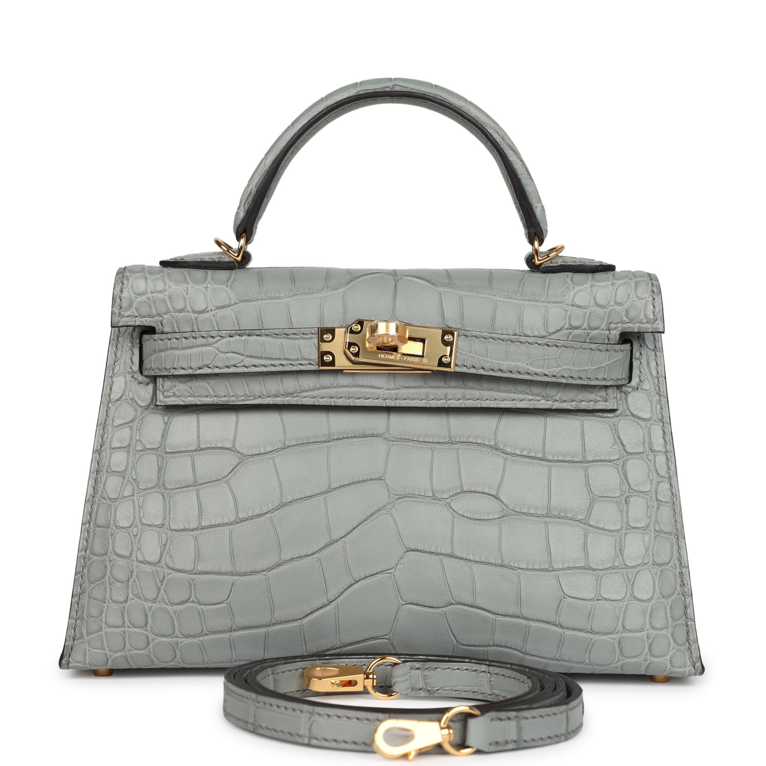 Hermes Kelly Sellier 20 Gris Ciment Matte Alligator Gold Hardware - Exclusu