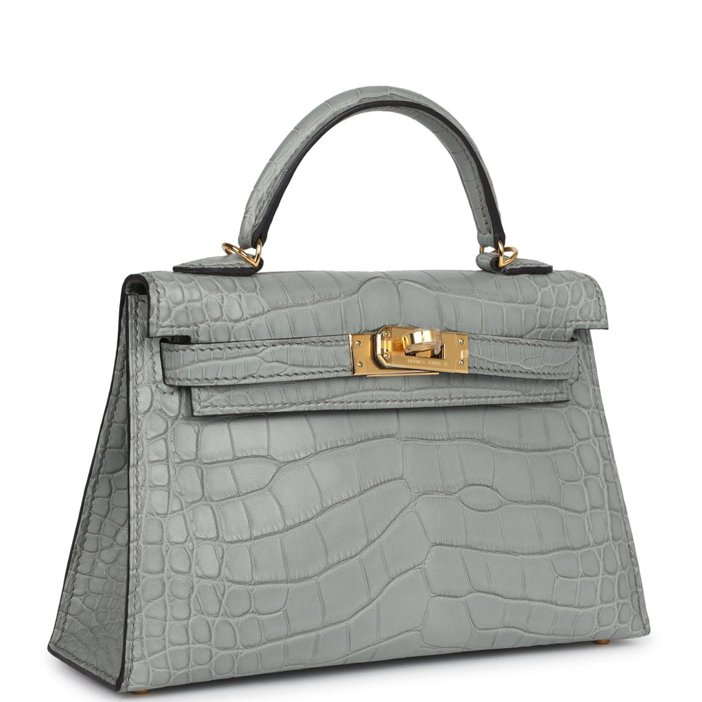 Hermes Kelly Sellier 20 Gris Ciment Matte Alligator Gold Hardware - Exclusu