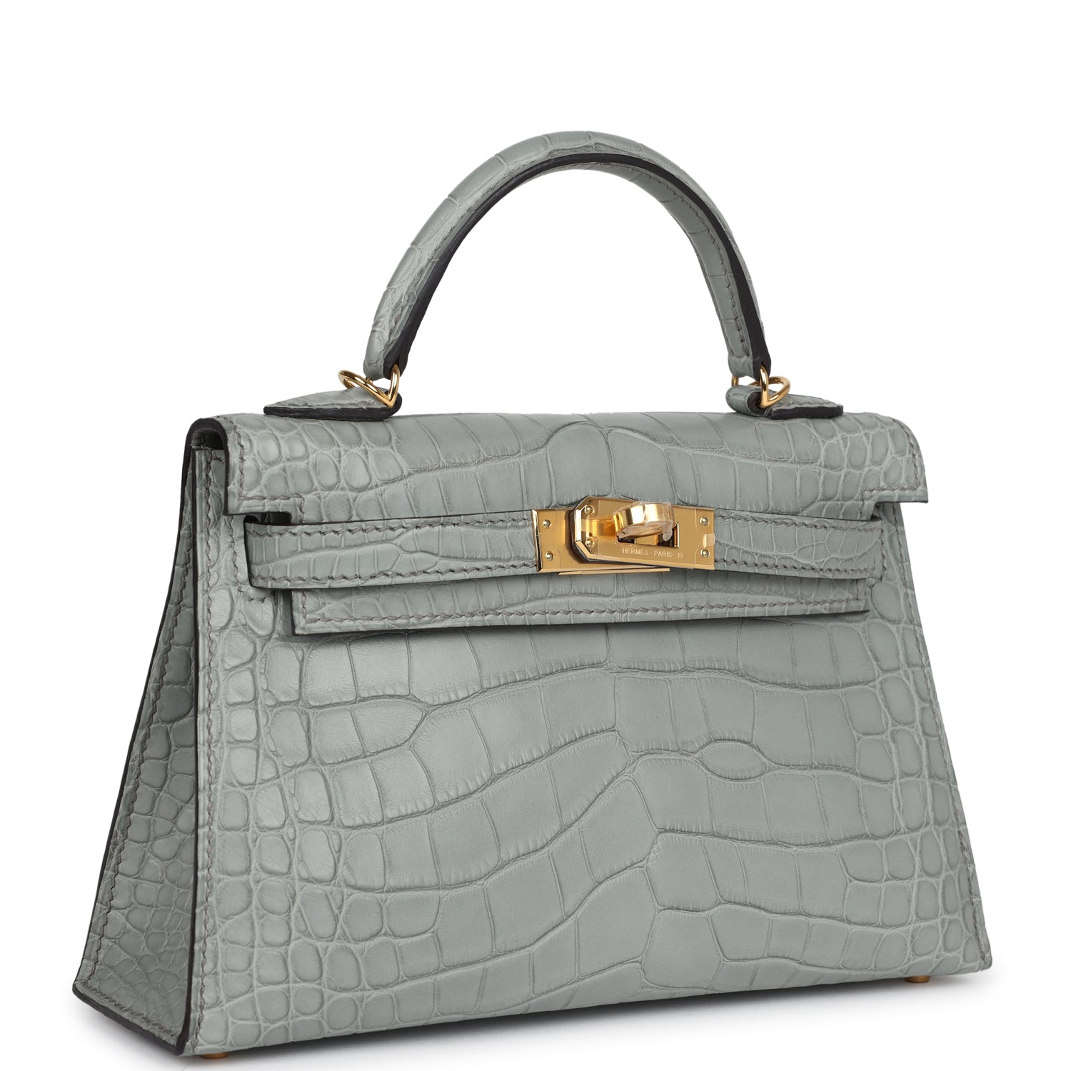 Hermes Kelly Sellier 20 Gris Ciment Matte Alligator Gold Hardware - Exclusu