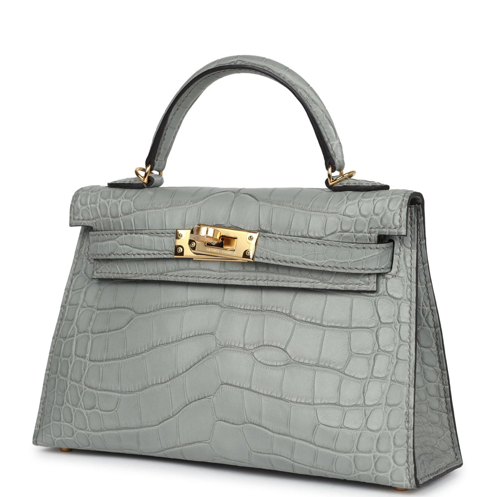 Hermes Kelly Sellier 20 Gris Ciment Matte Alligator Gold Hardware - Exclusu