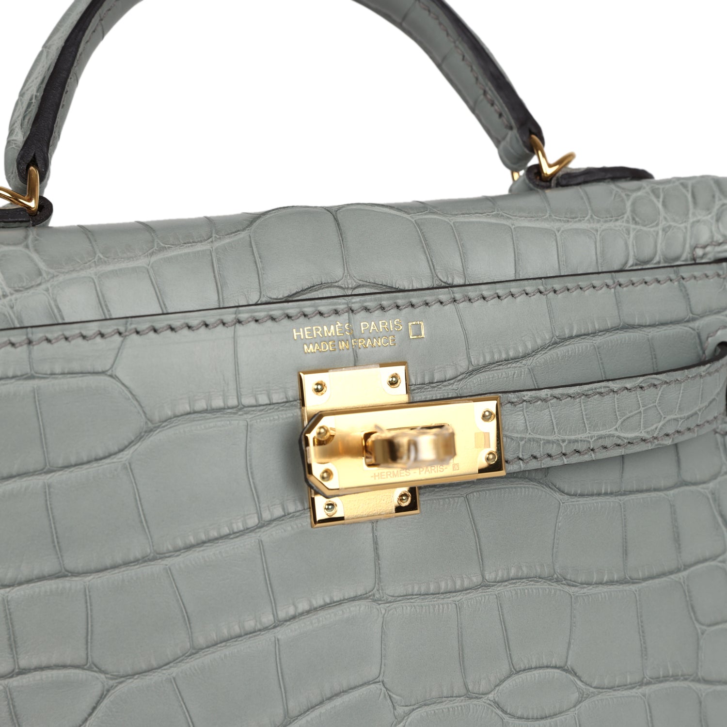 Hermes Kelly Sellier 20 Gris Ciment Matte Alligator Gold Hardware - Exclusu
