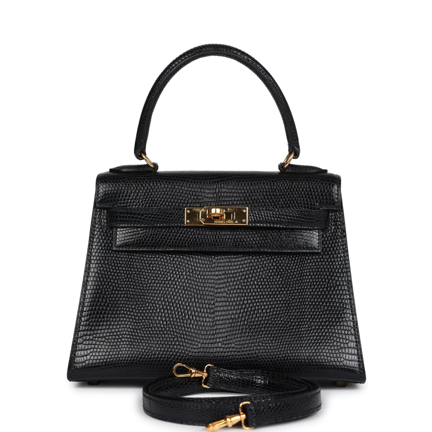 Hermes Kelly Sellier 20 Black Varanus Salvator Lizard Gold Hardware - Exclusu