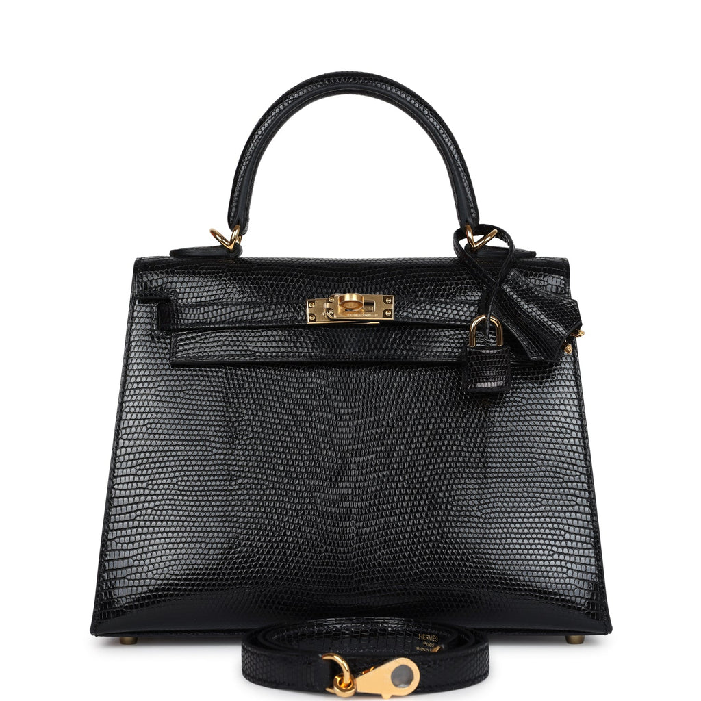 Hermes Kelly Sellier 25 Black Varanus Niloticus Lizard Gold Hardware - Exclusu