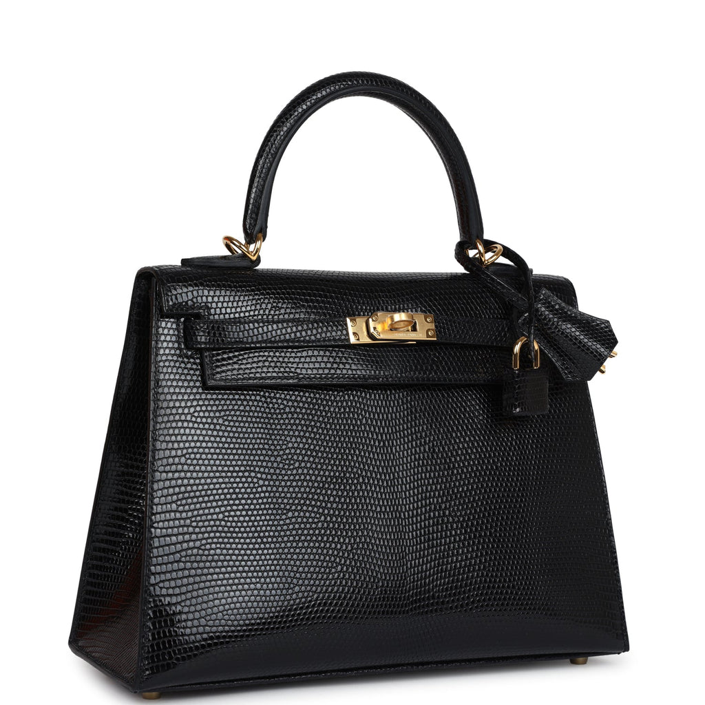 Hermes Kelly Sellier 25 Black Varanus Niloticus Lizard Gold Hardware - Exclusu