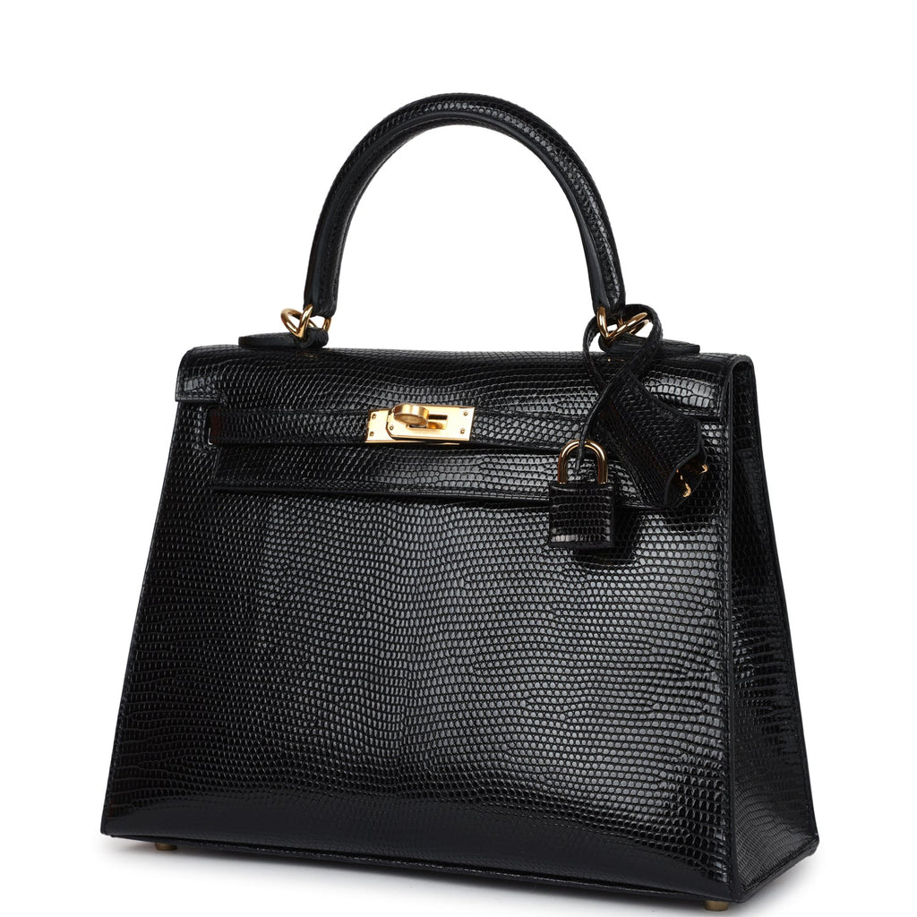 Hermes Kelly Sellier 25 Black Varanus Niloticus Lizard Gold Hardware - Exclusu