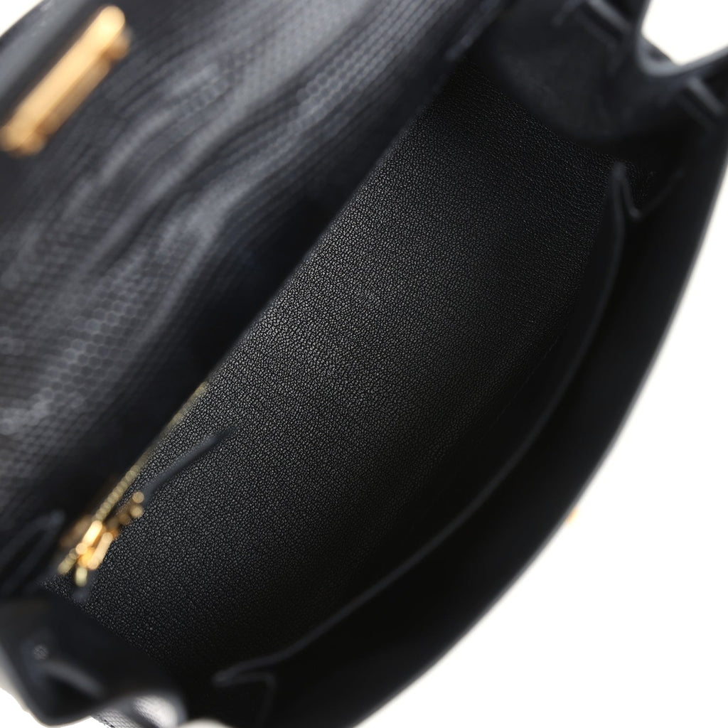 Hermes Kelly Sellier 25 Black Varanus Niloticus Lizard Gold Hardware - Exclusu