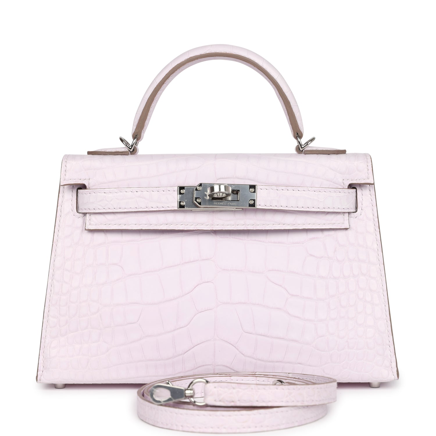 Hermes Kelly Sellier 20 Mauve Pale Boreal Satin Alligator Palladium Hardware - Exclusu