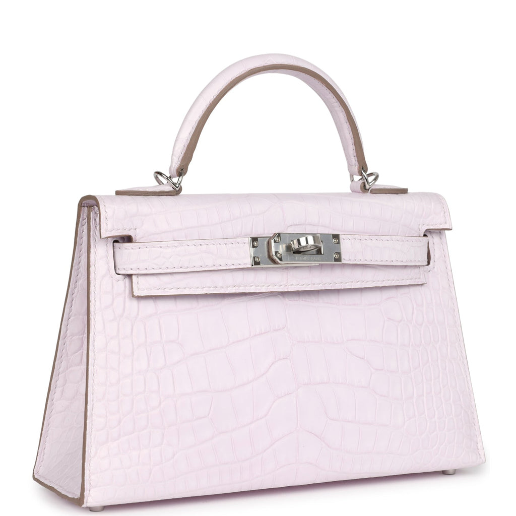 Hermes Kelly Sellier 20 Mauve Pale Boreal Satin Alligator Palladium Hardware - Exclusu