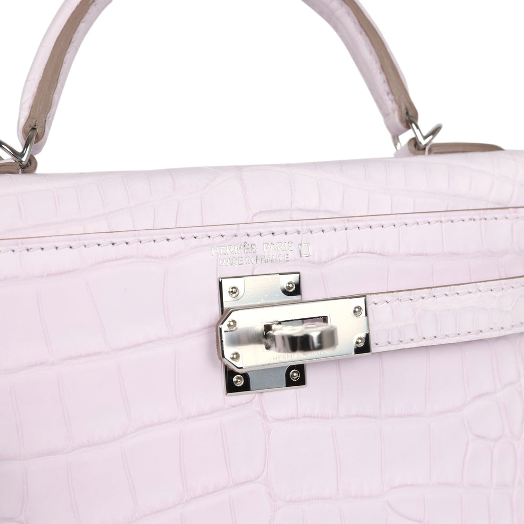 Hermes Kelly Sellier 20 Mauve Pale Boreal Satin Alligator Palladium Hardware - Exclusu
