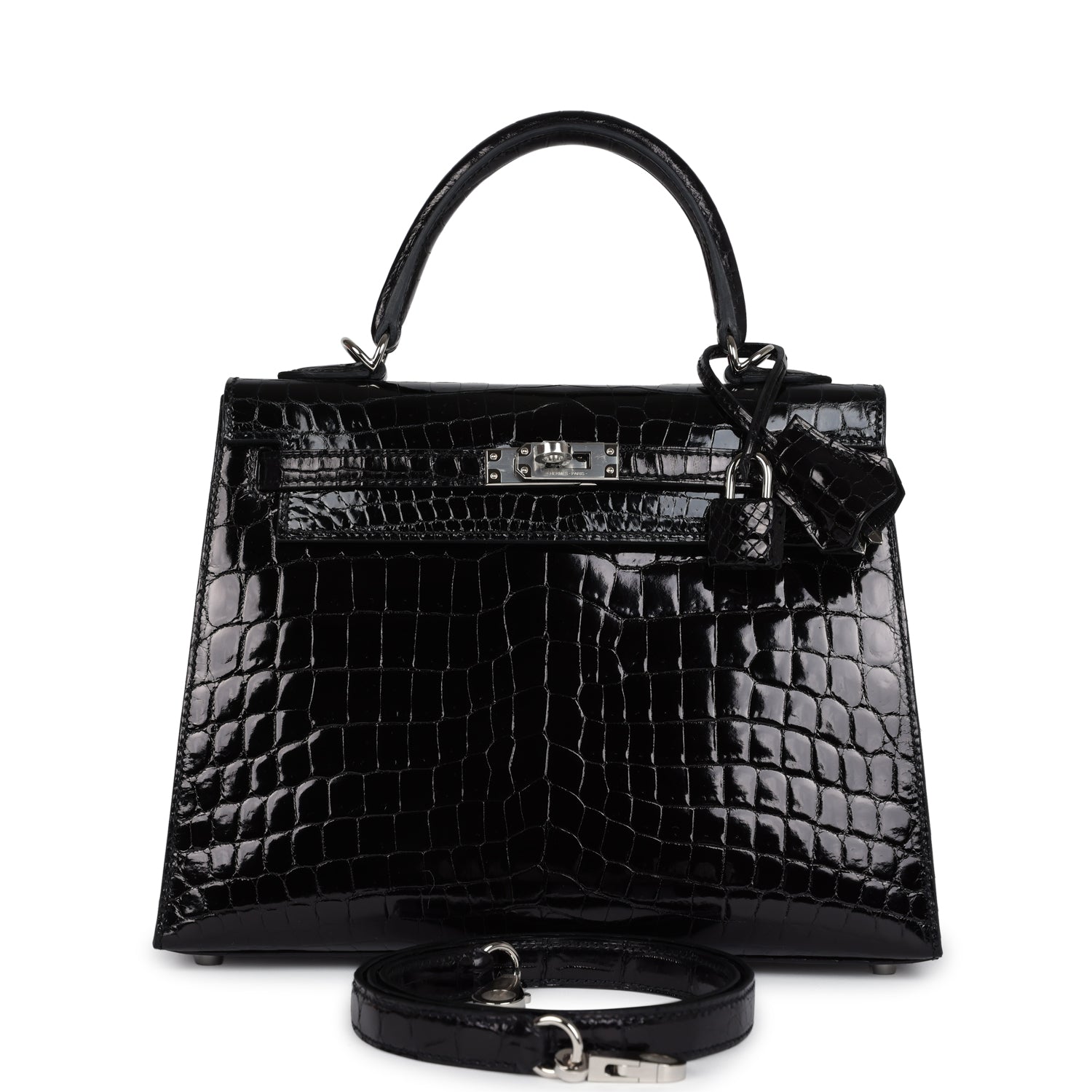 Hermes Kelly Sellier 25 Black Shiny Niloticus Crocodile Palladium Hardware - Exclusu