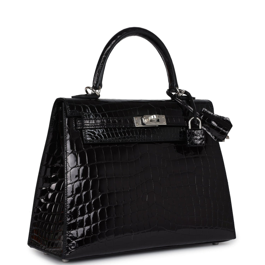 Hermes Kelly Sellier 25 Black Shiny Niloticus Crocodile Palladium Hardware - Exclusu