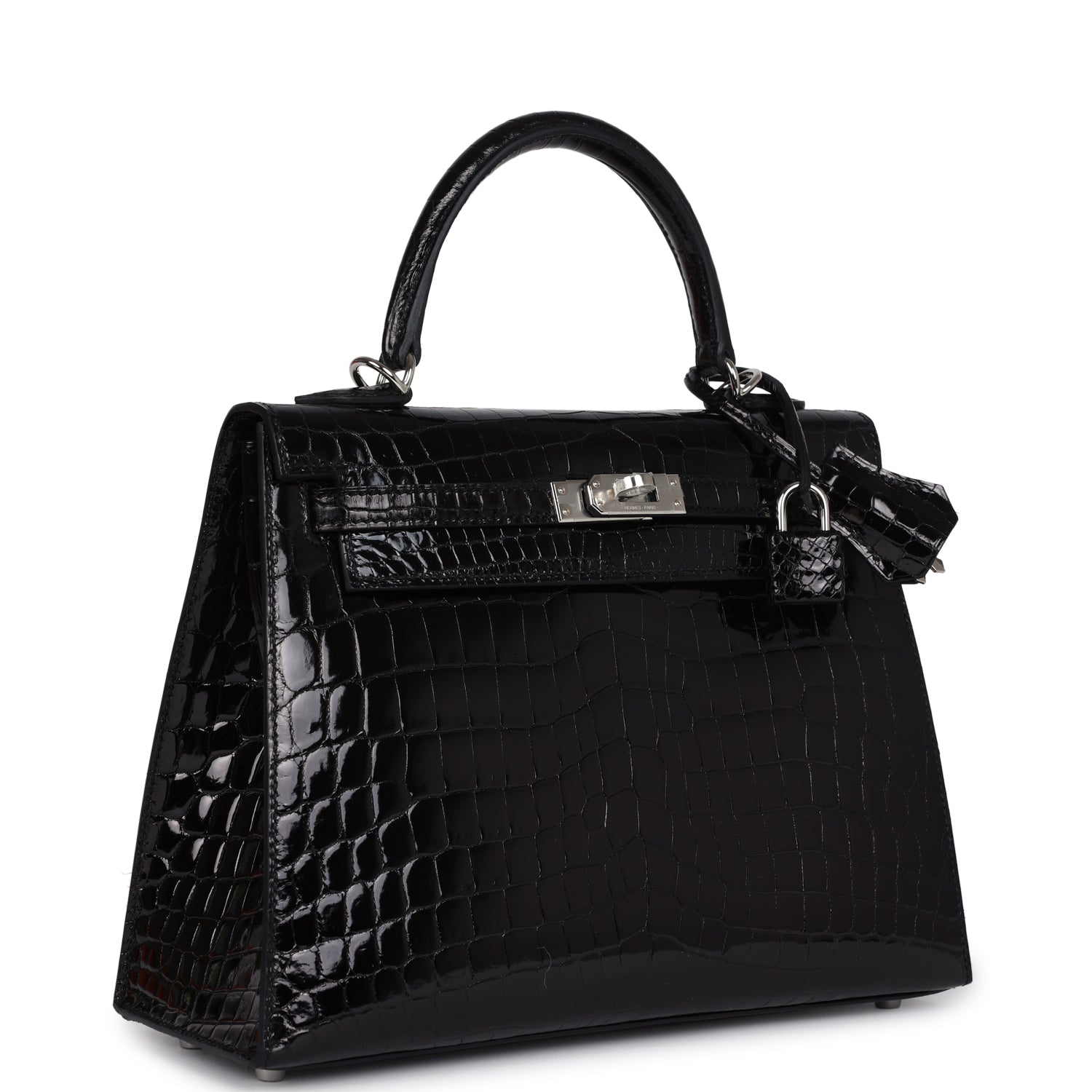 Hermes Kelly Sellier 25 Black Shiny Niloticus Crocodile Palladium Hardware - Exclusu