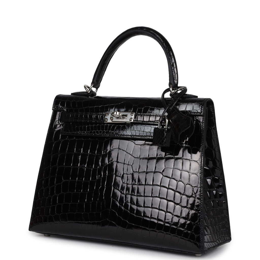Hermes Kelly Sellier 25 Black Shiny Niloticus Crocodile Palladium Hardware - Exclusu
