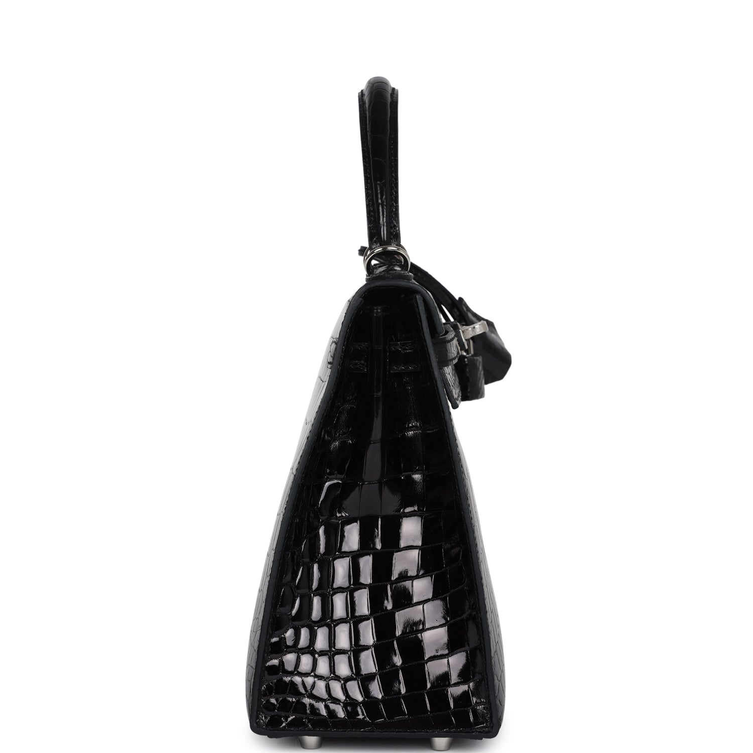 Hermes Kelly Sellier 25 Black Shiny Niloticus Crocodile Palladium Hardware - Exclusu