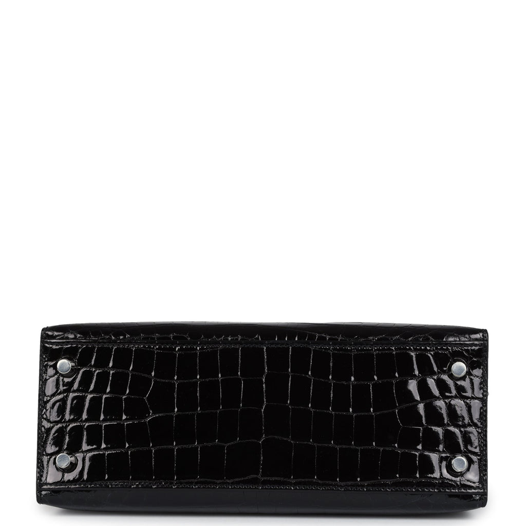 Hermes Kelly Sellier 25 Black Shiny Niloticus Crocodile Palladium Hardware - Exclusu