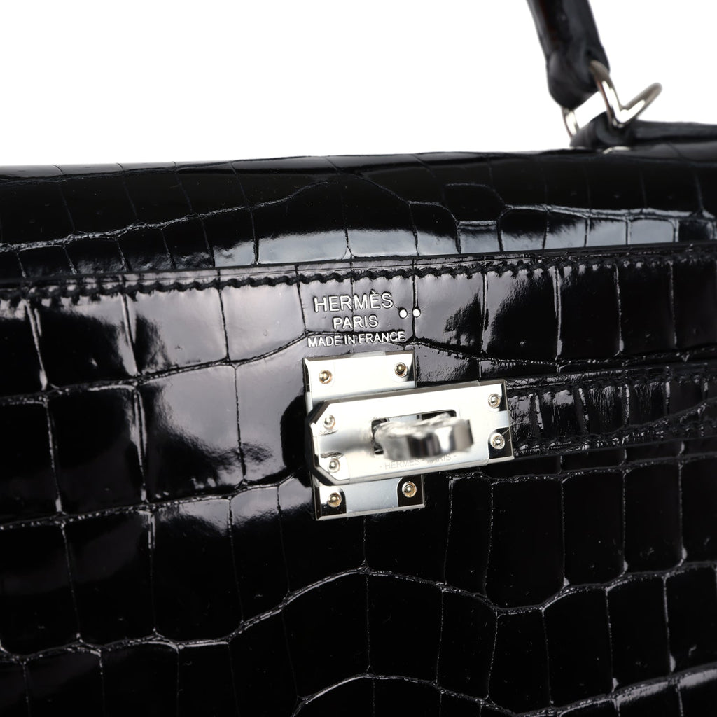 Hermes Kelly Sellier 25 Black Shiny Niloticus Crocodile Palladium Hardware - Exclusu