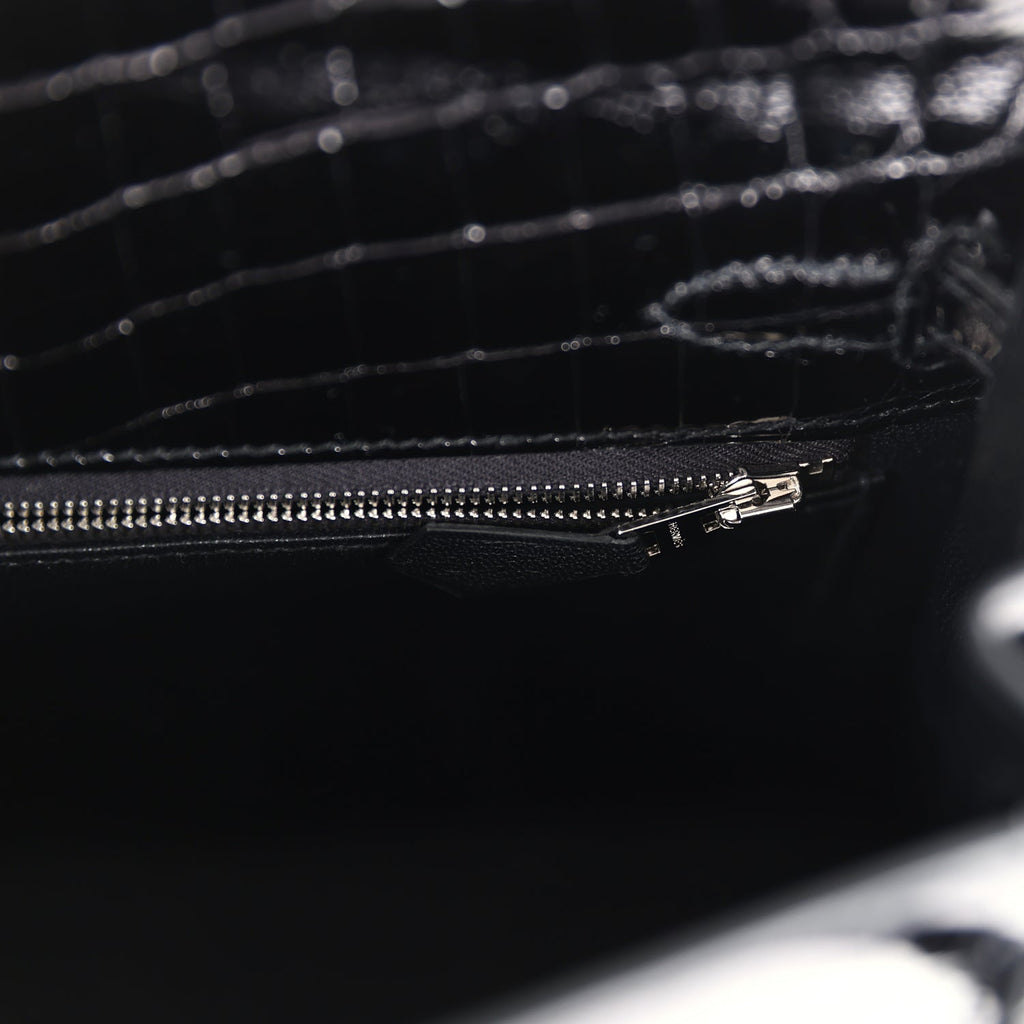 Hermes Kelly Sellier 25 Black Shiny Niloticus Crocodile Palladium Hardware - Exclusu