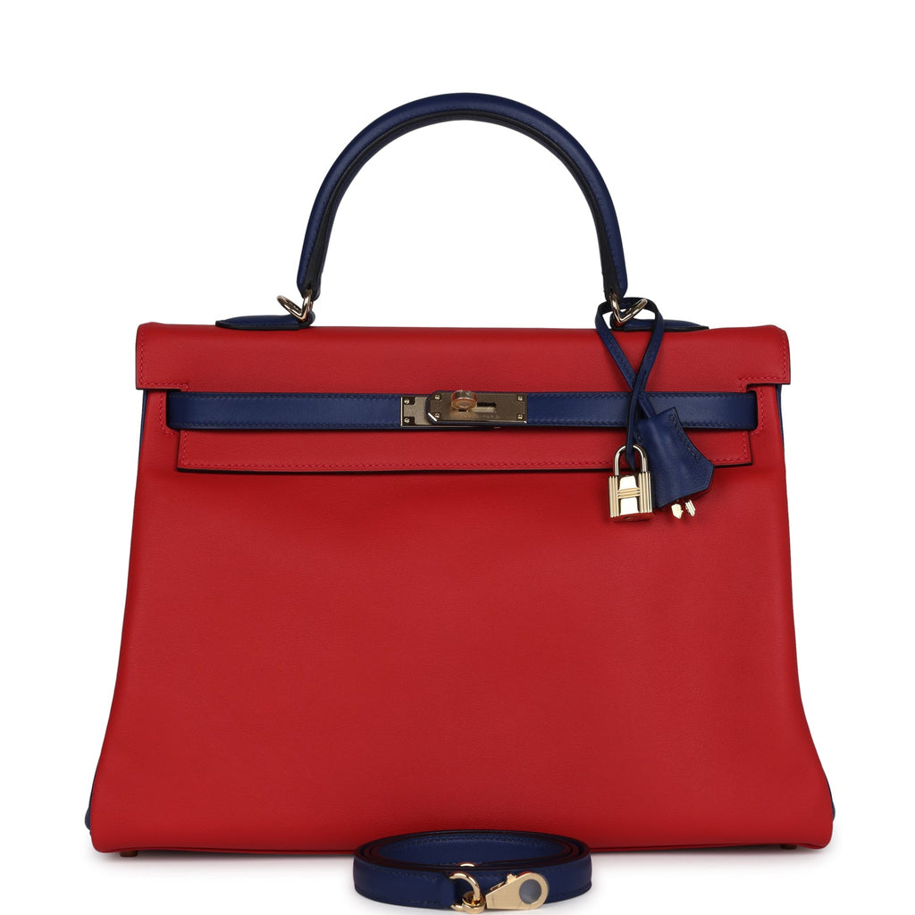 Hermes Special Order (HSS) Kelly Retourne 35 Vermillon and Bleu Saphir Swift Permabrass Hardware - Exclusu