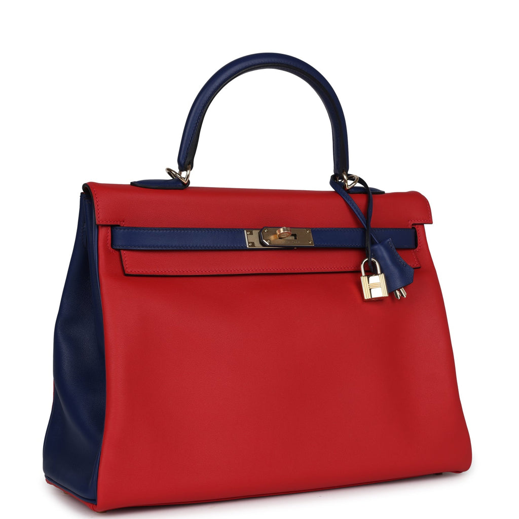 Hermes Special Order (HSS) Kelly Retourne 35 Vermillon and Bleu Saphir Swift Permabrass Hardware - Exclusu