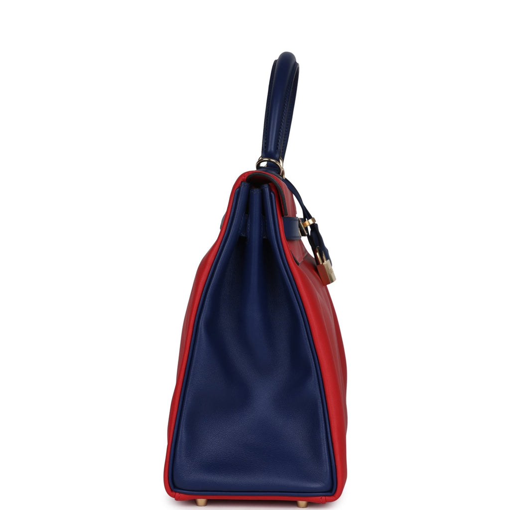 Hermes Special Order (HSS) Kelly Retourne 35 Vermillon and Bleu Saphir Swift Permabrass Hardware - Exclusu