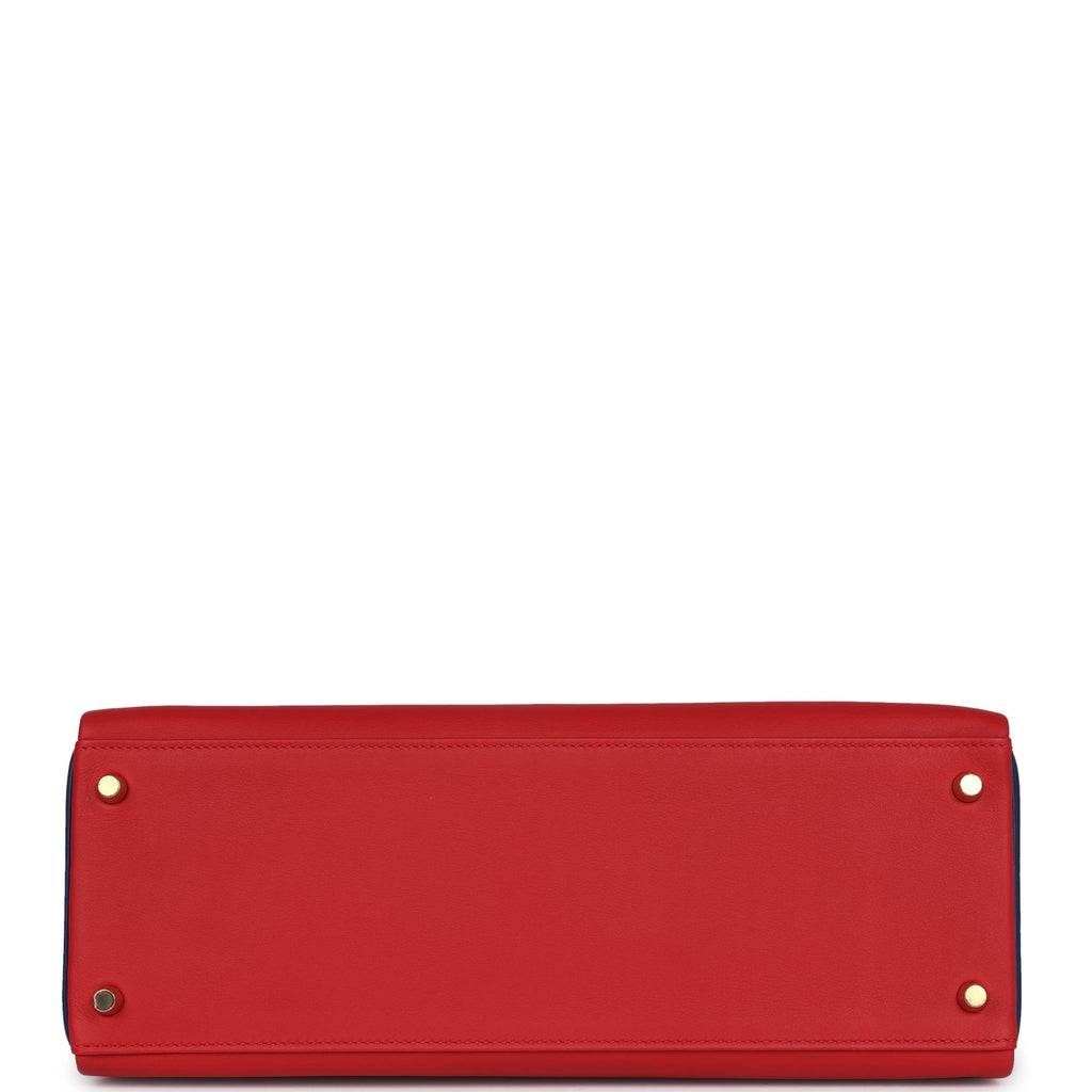 Hermes Special Order (HSS) Kelly Retourne 35 Vermillon and Bleu Saphir Swift Permabrass Hardware - Exclusu
