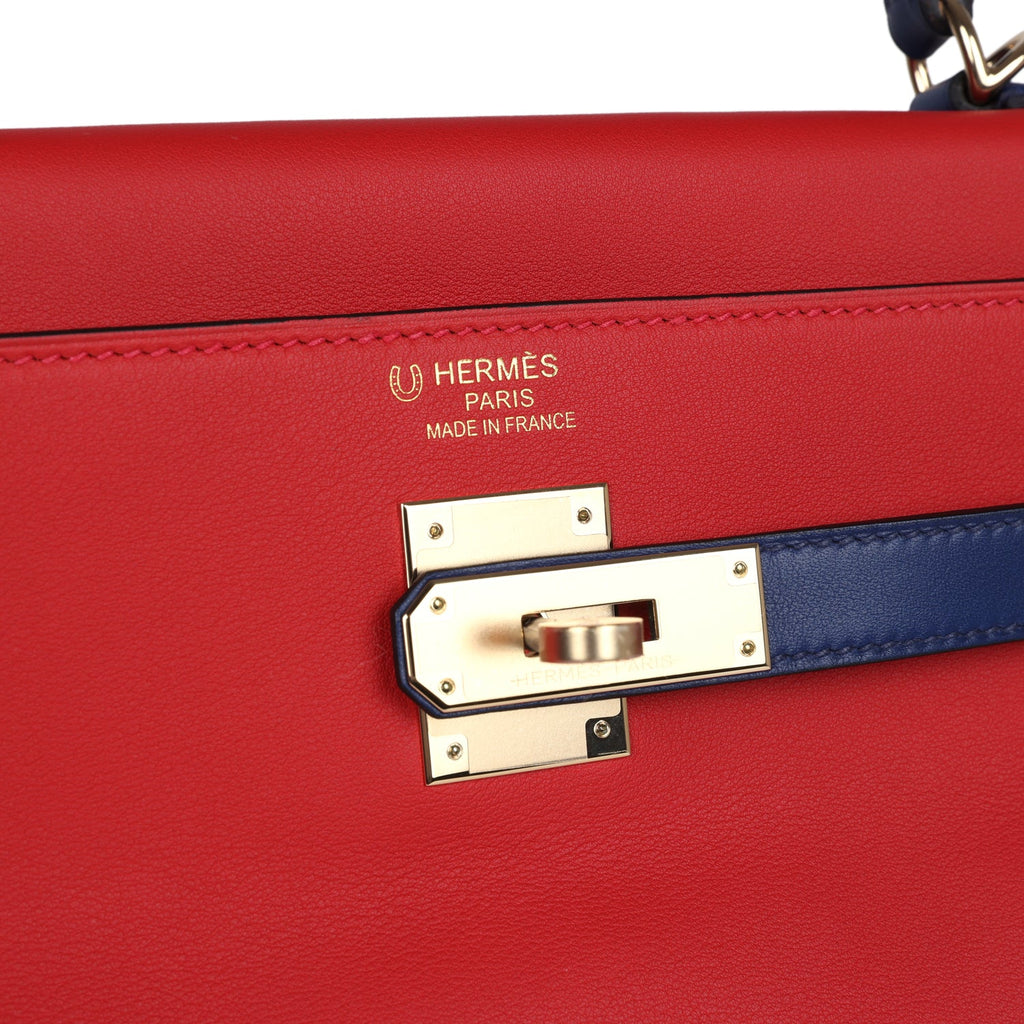 Hermes Special Order (HSS) Kelly Retourne 35 Vermillon and Bleu Saphir Swift Permabrass Hardware - Exclusu
