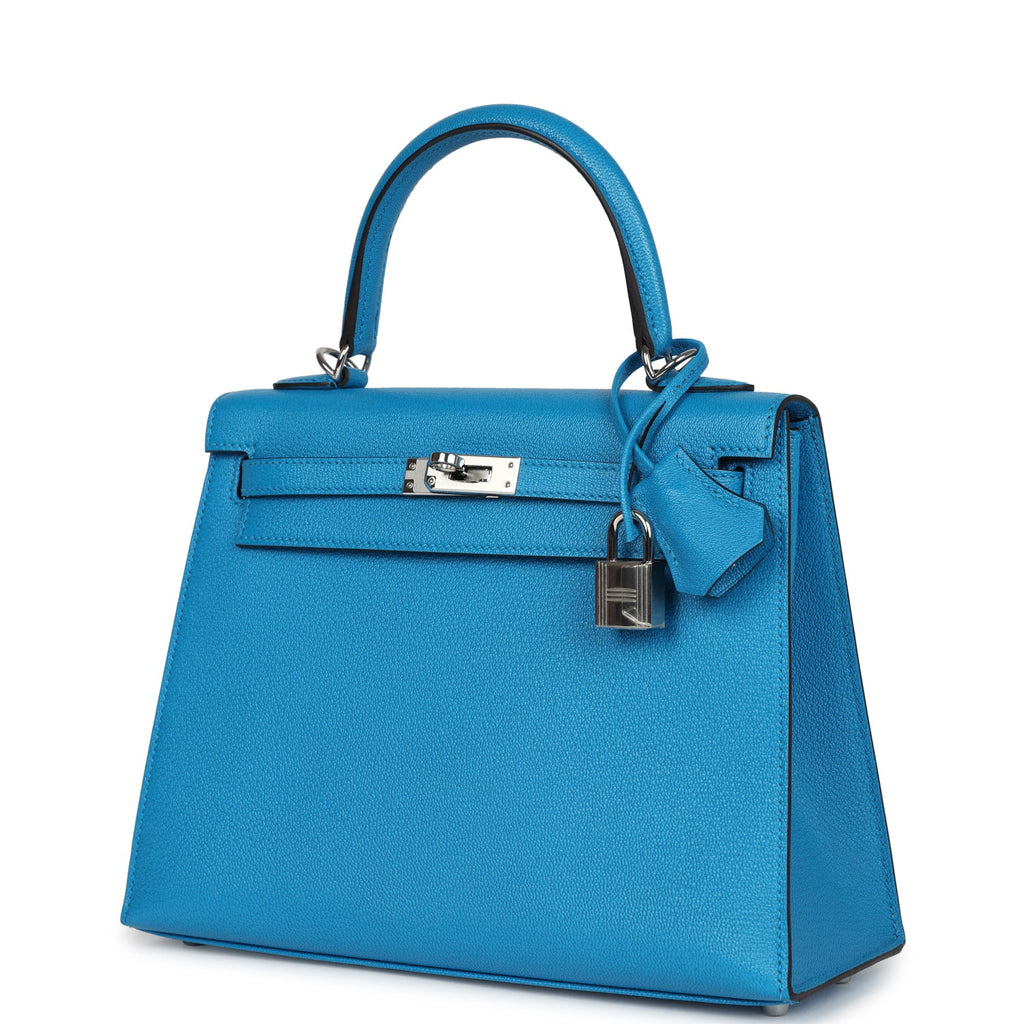 Hermes Kelly Sellier 25 Bleu Zanzibar Chevre Palladium Hardware - Exclusu