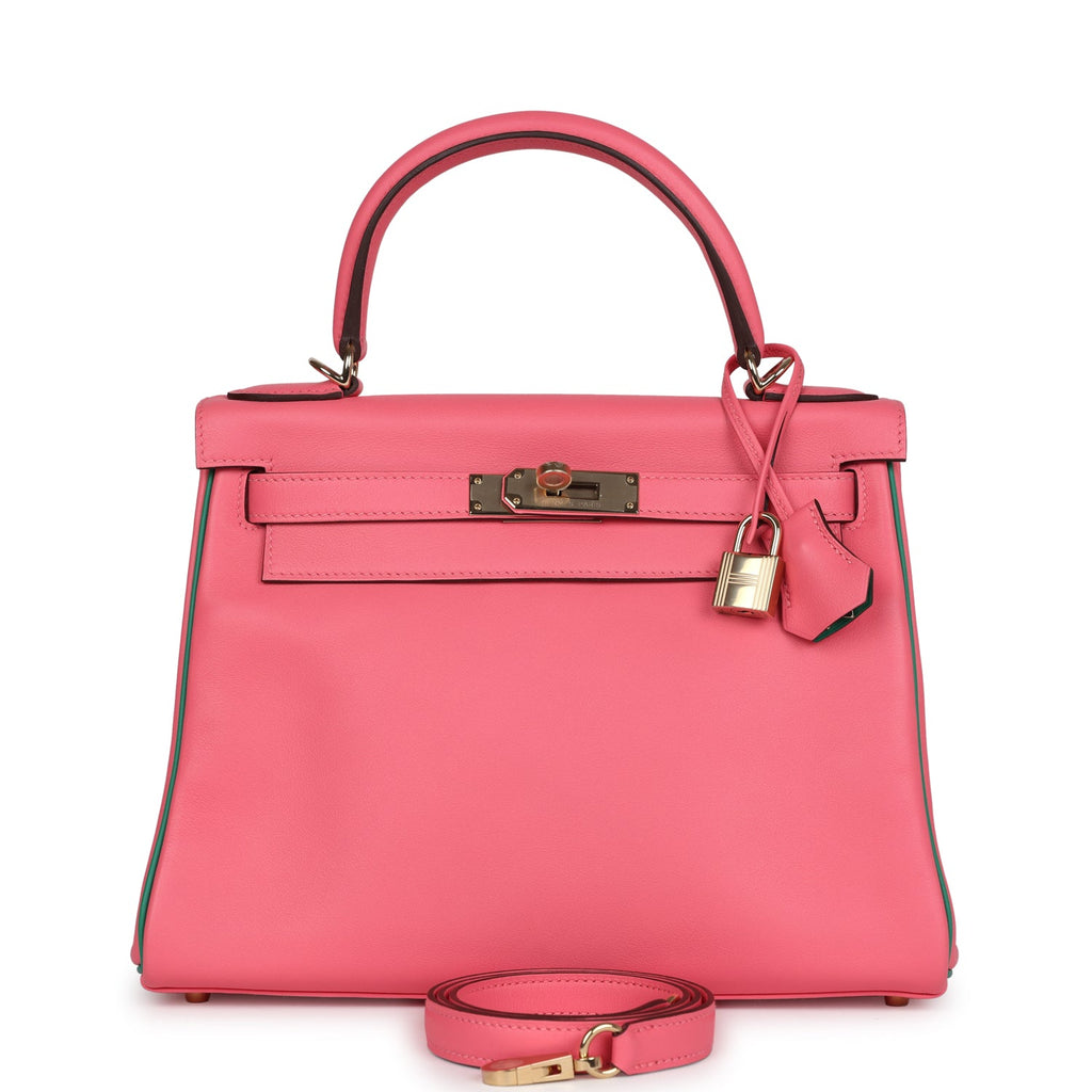 Hermes Special Order (HSS) Kelly Retourne 28 Rose Azalee and Vert Vertigo Swift Gold Hardware - Exclusu