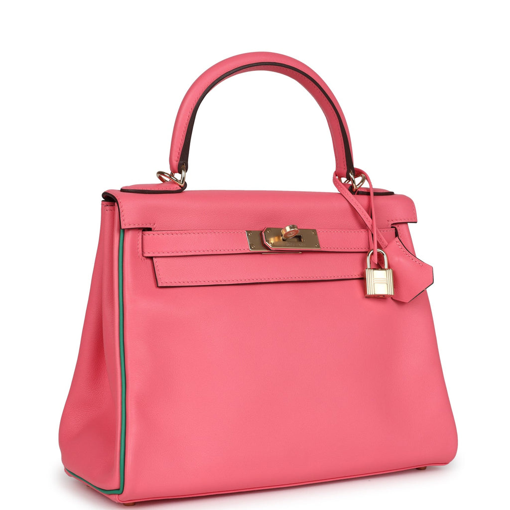 Hermes Special Order (HSS) Kelly Retourne 28 Rose Azalee and Vert Vertigo Swift Gold Hardware - Exclusu