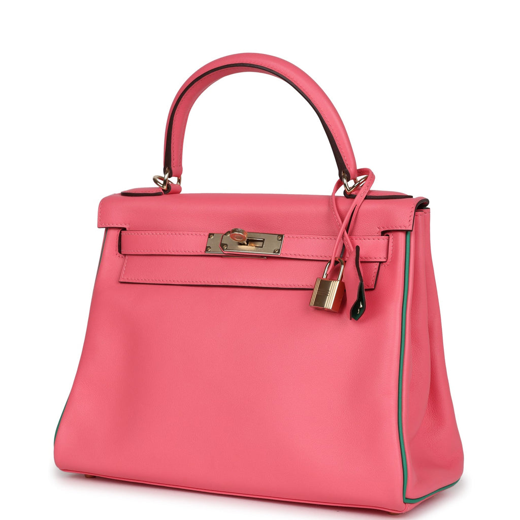 Hermes Special Order (HSS) Kelly Retourne 28 Rose Azalee and Vert Vertigo Swift Gold Hardware - Exclusu