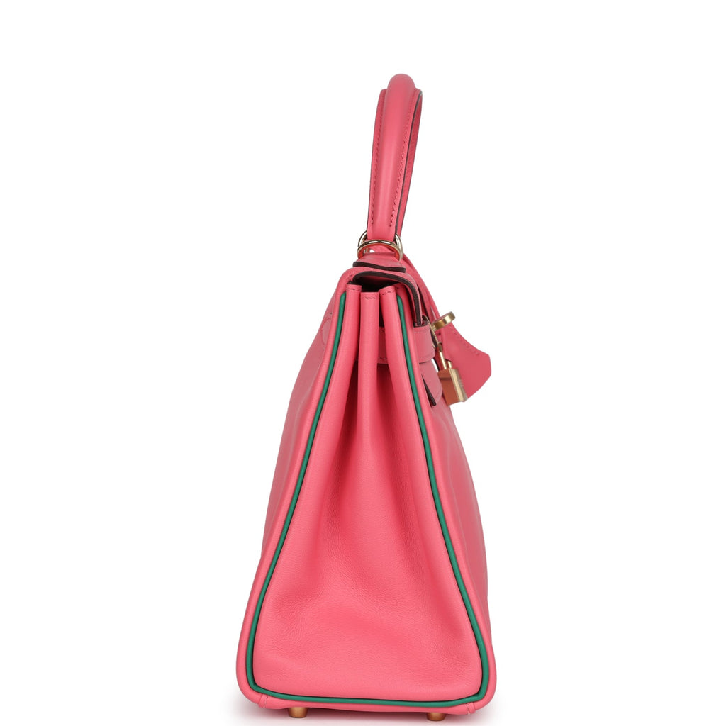 Hermes Special Order (HSS) Kelly Retourne 28 Rose Azalee and Vert Vertigo Swift Gold Hardware - Exclusu