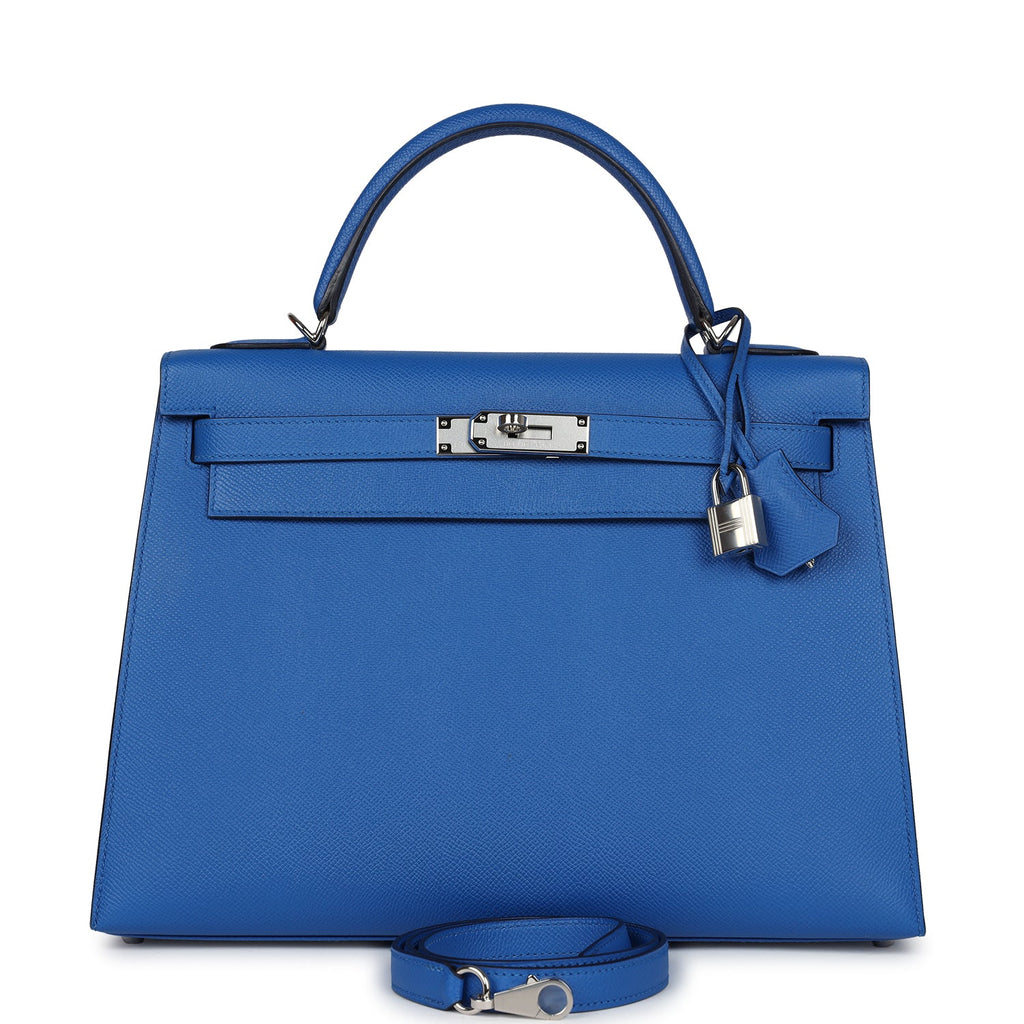 Hermes Kelly Sellier 32 Bleu France Epsom Palladium Hardware - Exclusu